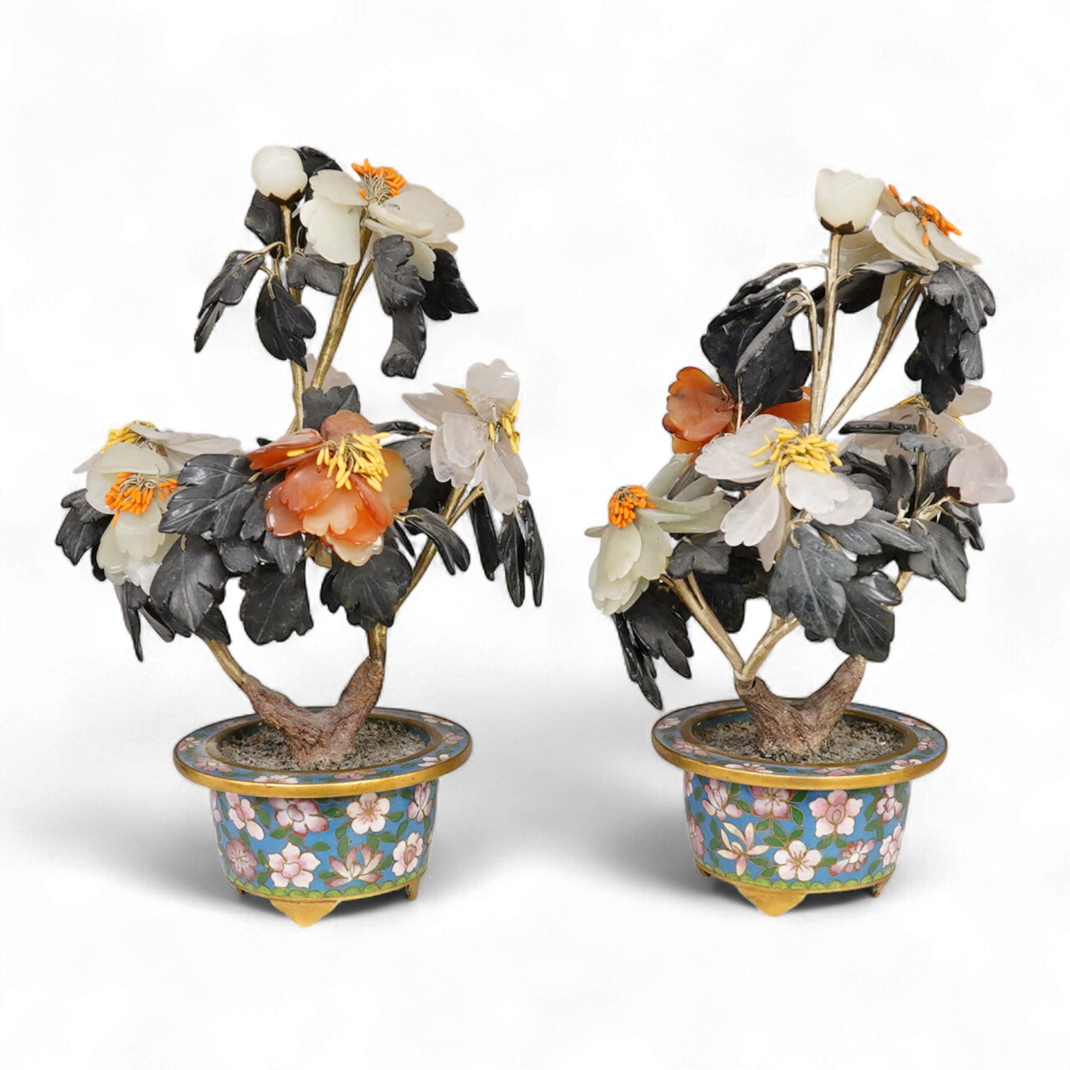 A pair of Chinese cloisonné hardstone trees, 21cm high